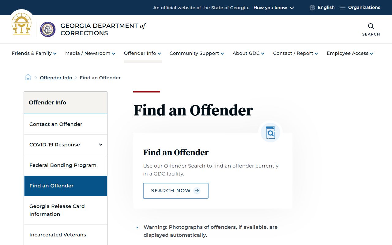 GDC Find an Offender page for Warren County inmate records after transfer