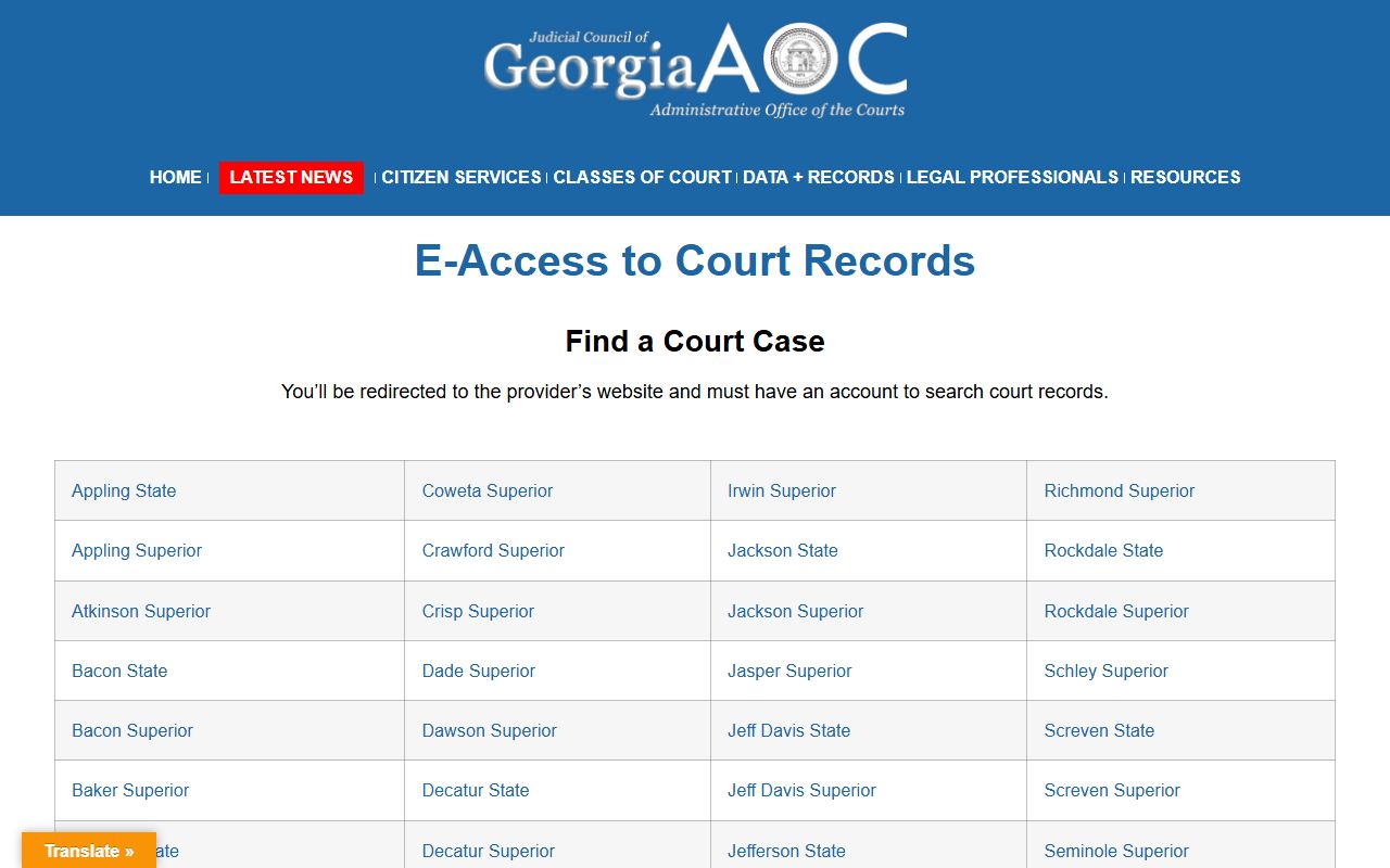 Georgia Courts eAccess directory for provider-based court record access